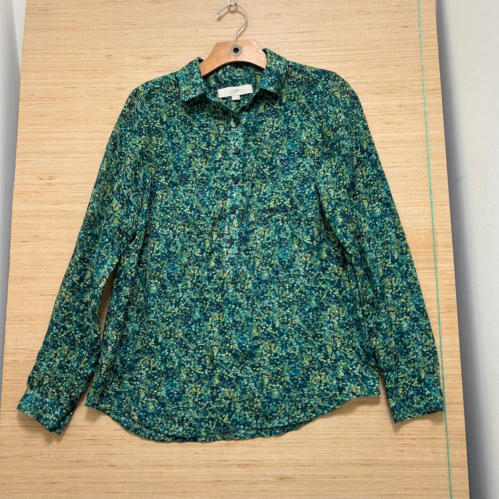 LOFT Womens XS Green Yellow Abstract Confetti Print Long Sleeve Button Down Top